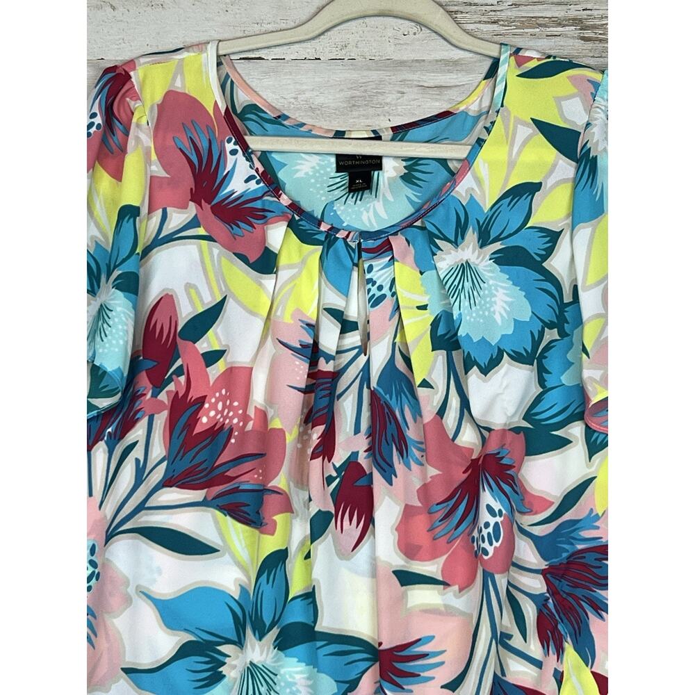 Worthington Womens Blouse Size XL Floral Pleated Scoop Neck Short Sleeves - Picture 2 of 7